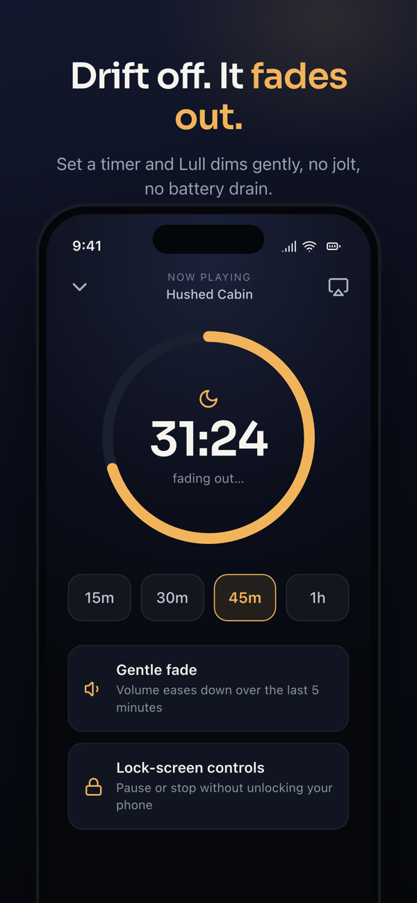 Lull sleep timer — drift off, it fades out: an amber ring counting down from 31 minutes while the sound fades, with 15-minute to 1-hour presets