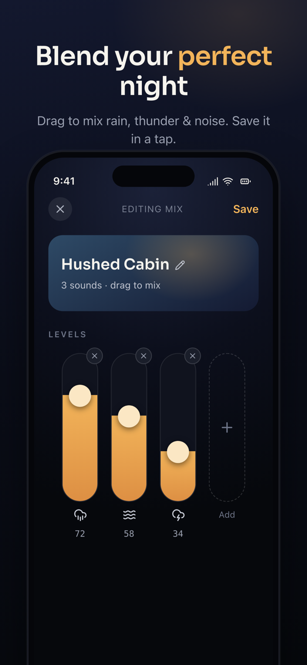 Lull mix editor — blend your perfect night: three volume sliders set to 72, 58, and 34 for rain, brown noise, and thunder, with a Save button